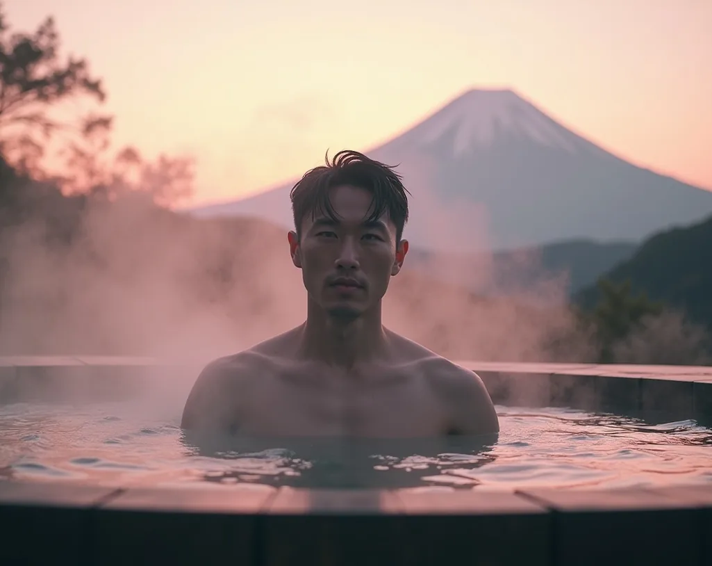 Japanese male athlete lowering himself into a steaming cold plunge tub