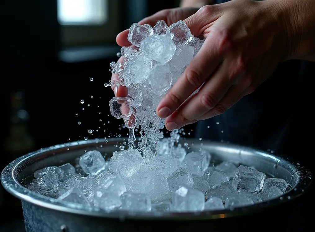 Close-up of strong hands pouring crystal clear ice cubes into dark still water of steel tub