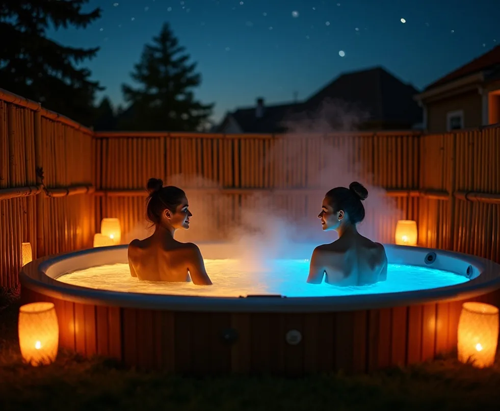 Couple doing contrast therapy in backyard with glowing warm tub and cold plunge