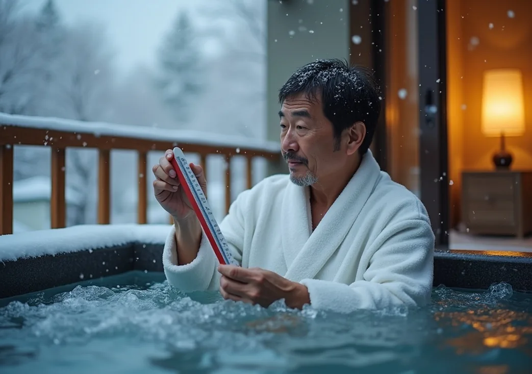 Middle-aged Japanese man in bathrobe checking floating thermometer in outdoor cold tub