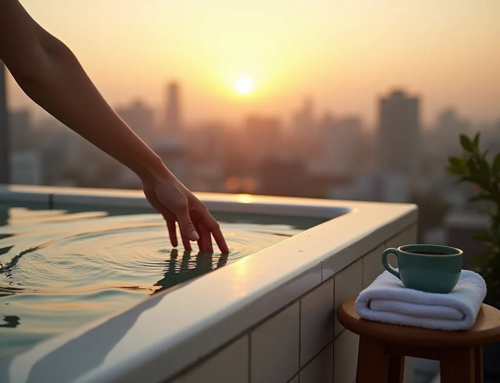 Hand reaching toward calm surface of cold plunge tub in morning ritual scene