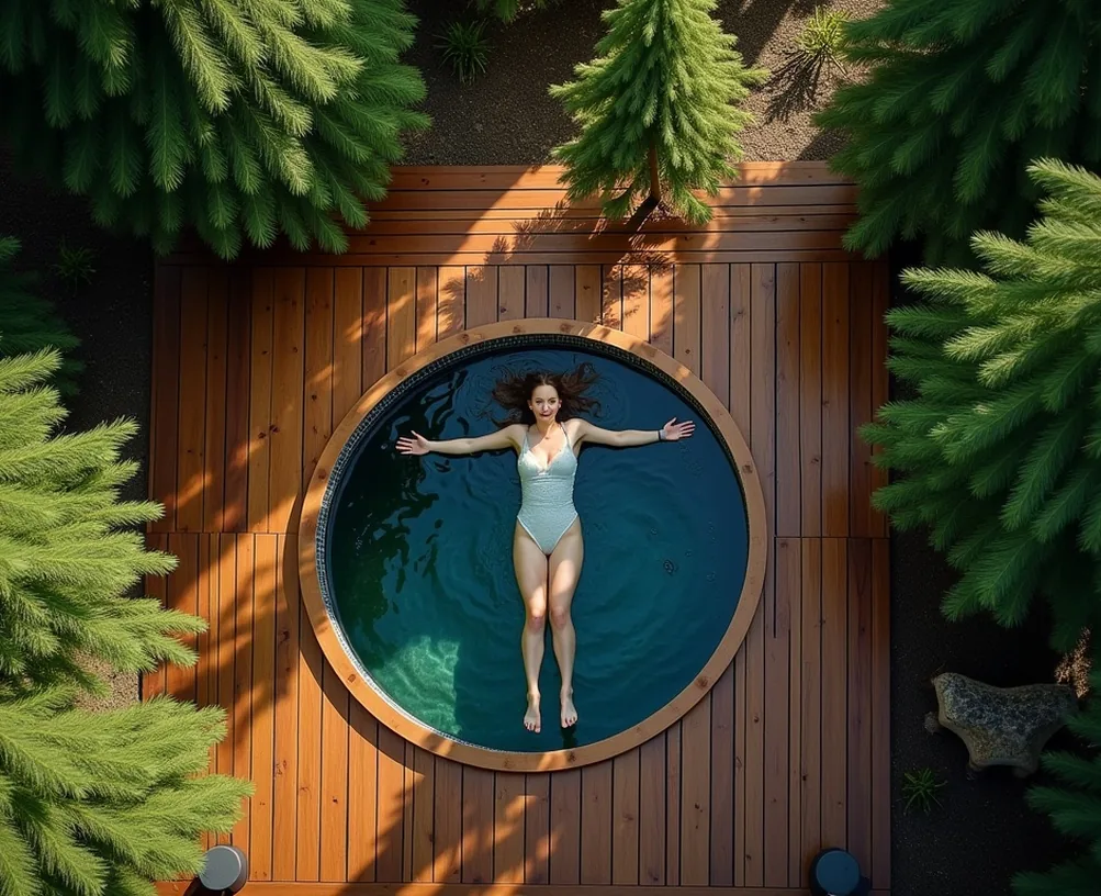 Overhead shot of woman floating in round cedar plunge tub on forest cabin deck